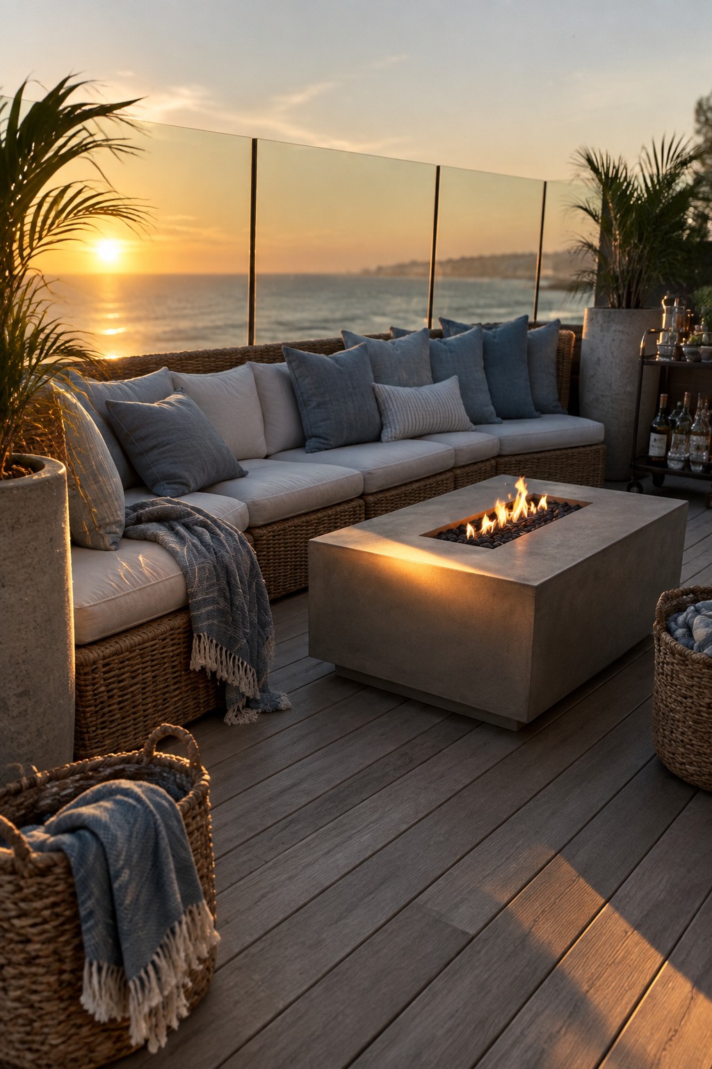 An outdoor deck at sunset features a large natural wicker sectional sofa with blue and white cushions arranged around a concrete fire pit, overlooking the ocean with potted plants and woven baskets nearby.