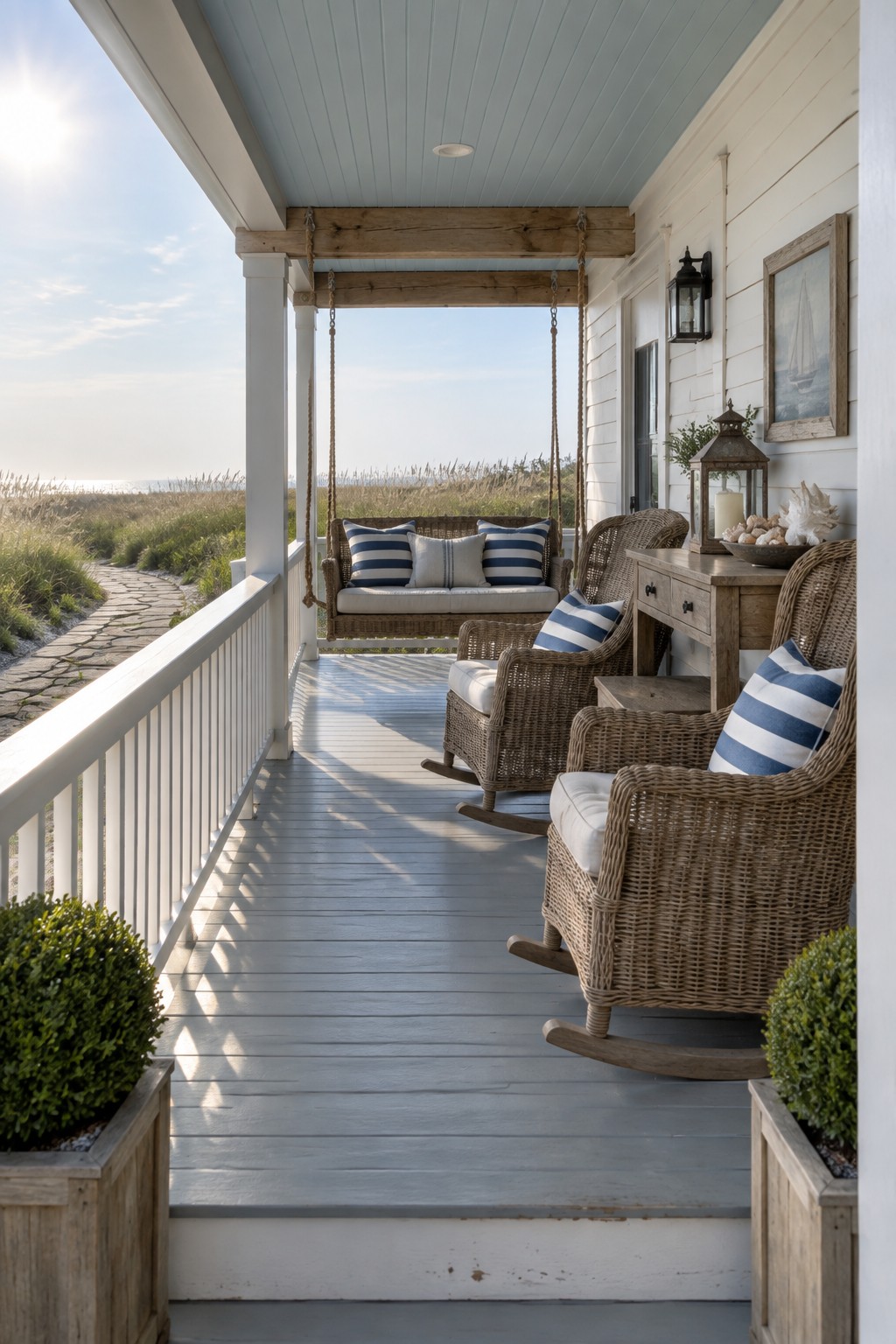 Sunny coastal porch with hanging swing, wicker rockers, and ocean view.