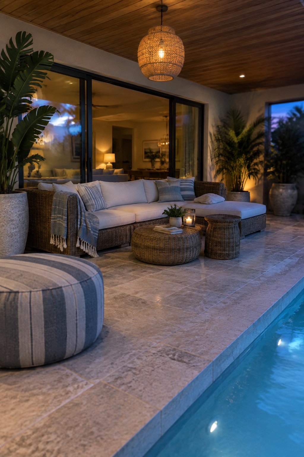 An outdoor patio with a large wicker sectional sofa beside a swimming pool, a round wicker coffee table, a striped ottoman, and potted plants at dusk.