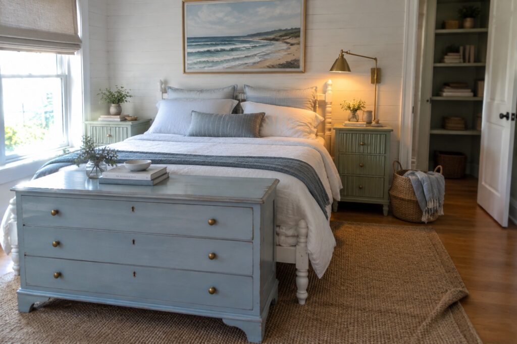 A white bedroom featuring a light blue painted chest of drawers positioned at the foot of the bed.