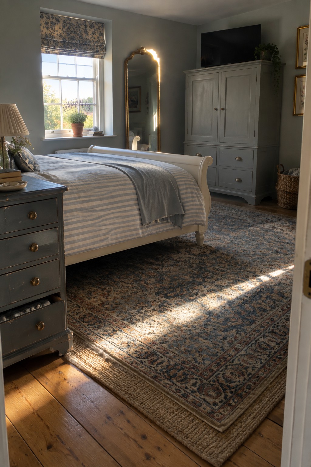 Sunlit bedroom with white sleigh bed, gray furniture, ornate mirror, and patterned rug.