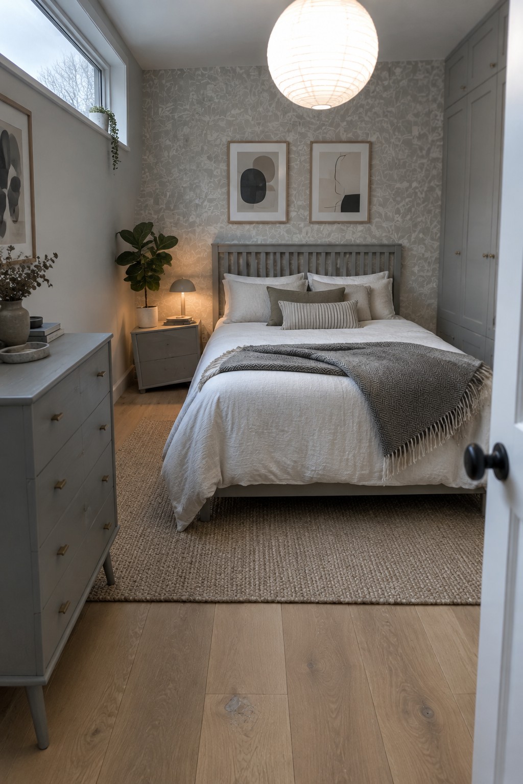 Minimalist bedroom with white bedding, gray headboard, abstract art, and paper lantern