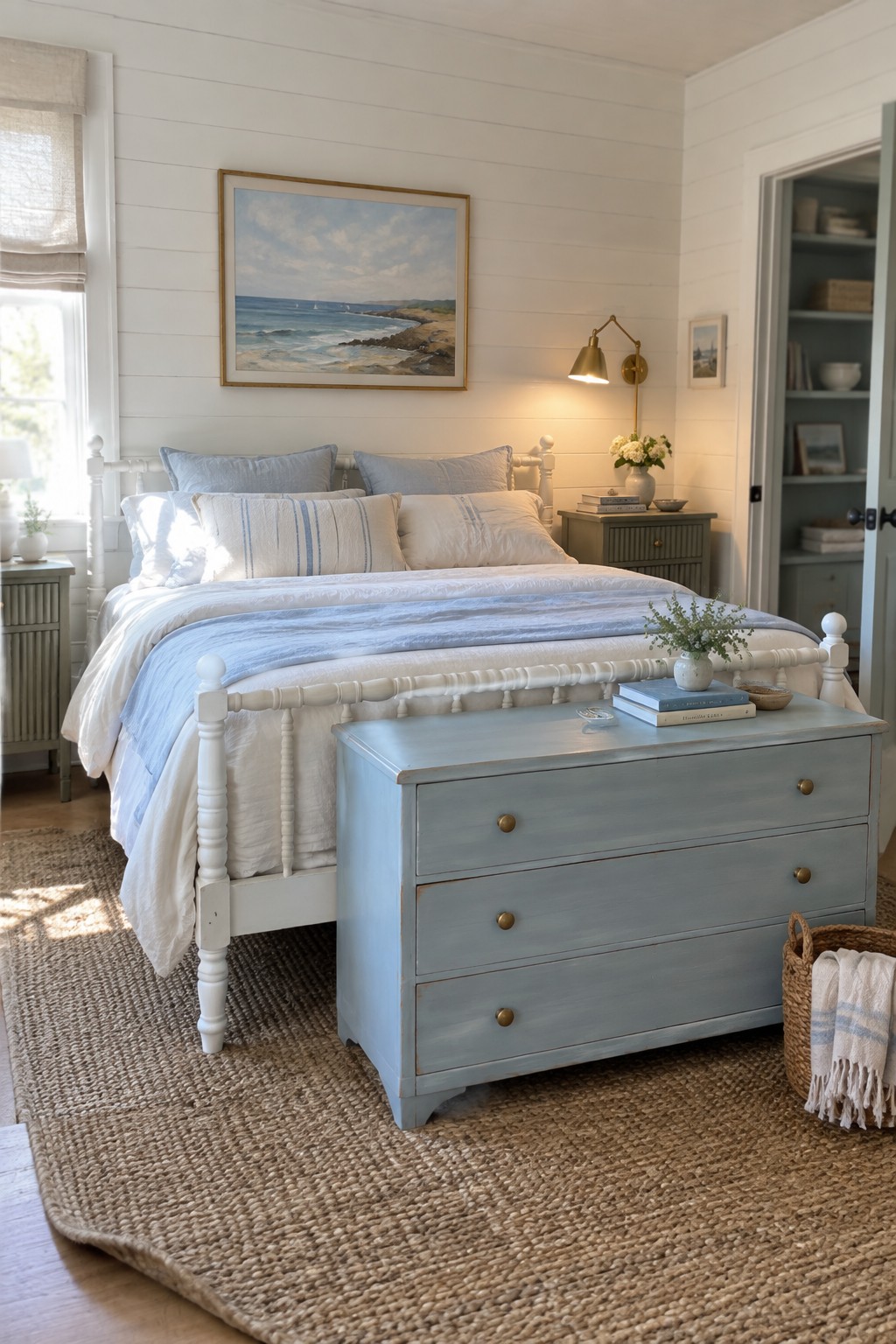 A white bedroom featuring a light blue painted chest of drawers positioned at the foot of the bed.