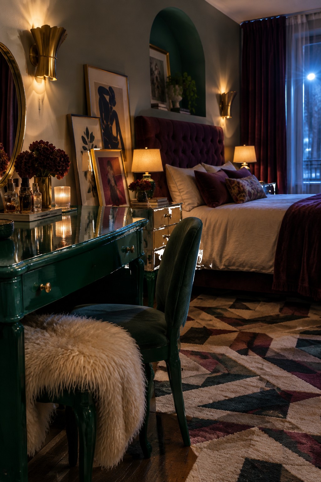A bedroom with a glossy emerald green painted vanity desk, a matching green chair with a fur throw, and a purple upholstered bed in the background.