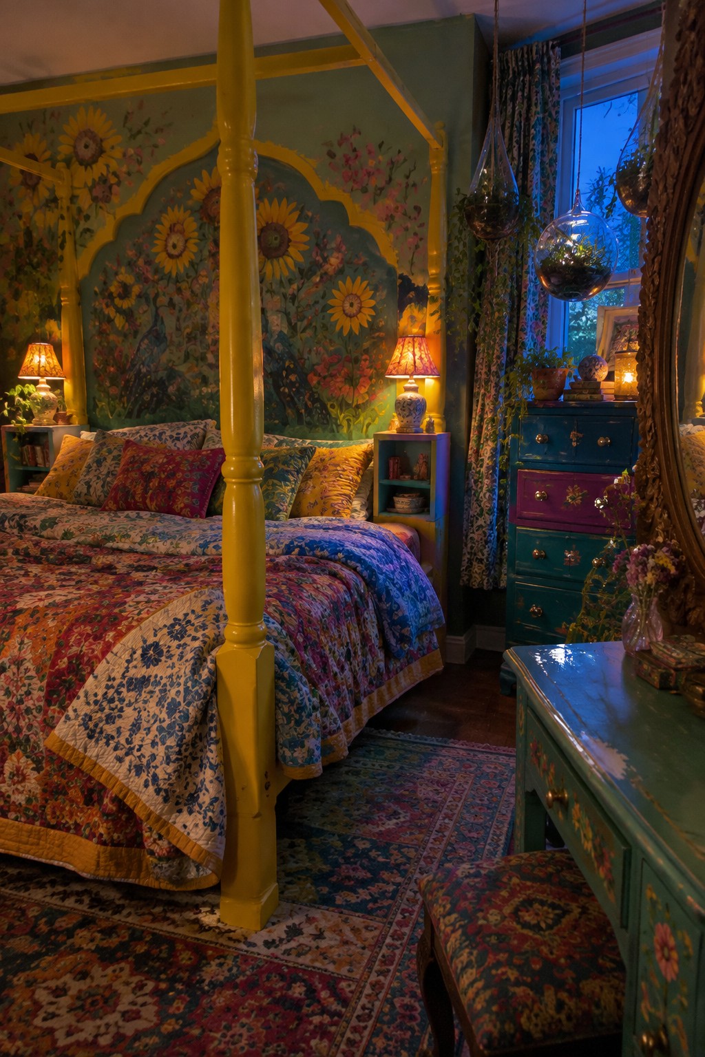 A colorful bedroom features a yellow four-poster bed with a floral quilt, a teal dresser with purple and green drawers, and a painted floral mural on the wall behind the bed.