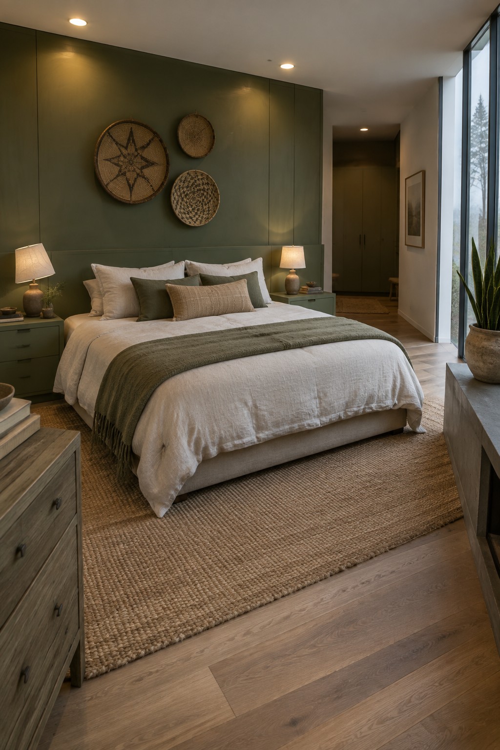 Modern bedroom with sage green walls, white bedding, jute rug, and woven wall decor