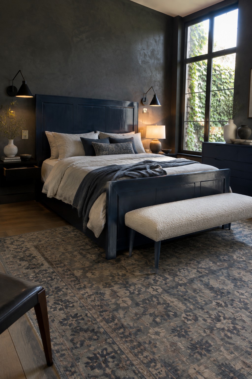 A bedroom featuring a dark navy painted bed frame with matching nightstands and dresser, neutral bedding, a white bouclé bench, and a large patterned rug on wood flooring.