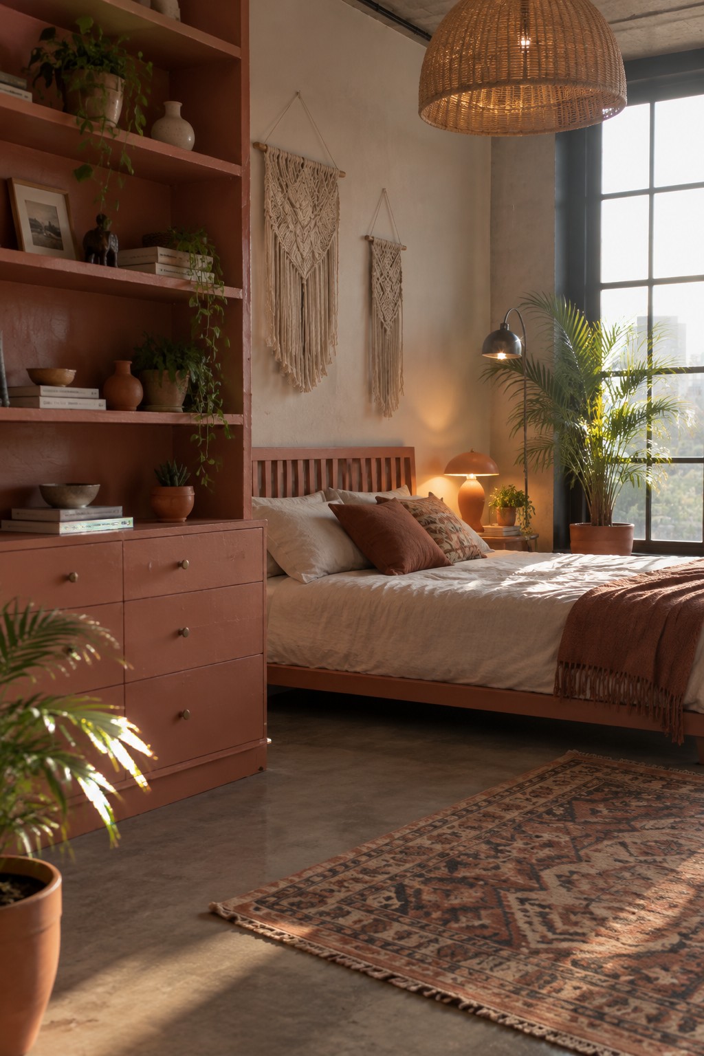 A bedroom with a wooden bed frame and tall dresser unit both painted terracotta, paired with neutral bedding, macrame hangings, and potted plants.