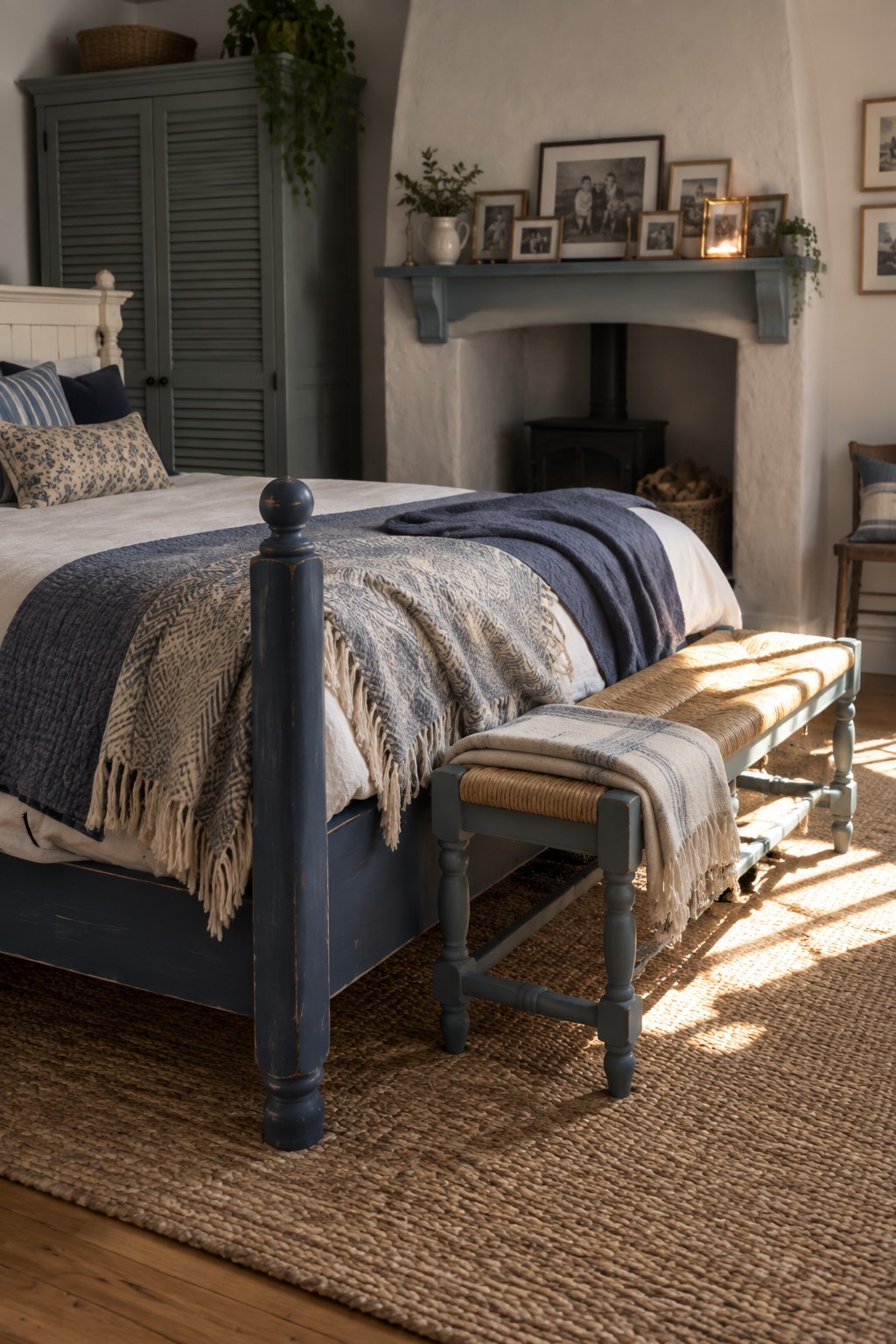A bedroom featuring a dark blue painted wooden bed with a matching painted bench at the foot, layered with blankets and positioned on a woven rug near a fireplace mantel.