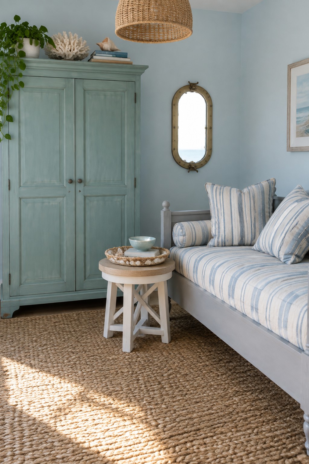 A bedroom corner showing a light blue-green painted armoire next to a gray daybed with striped pillows on a woven rug.