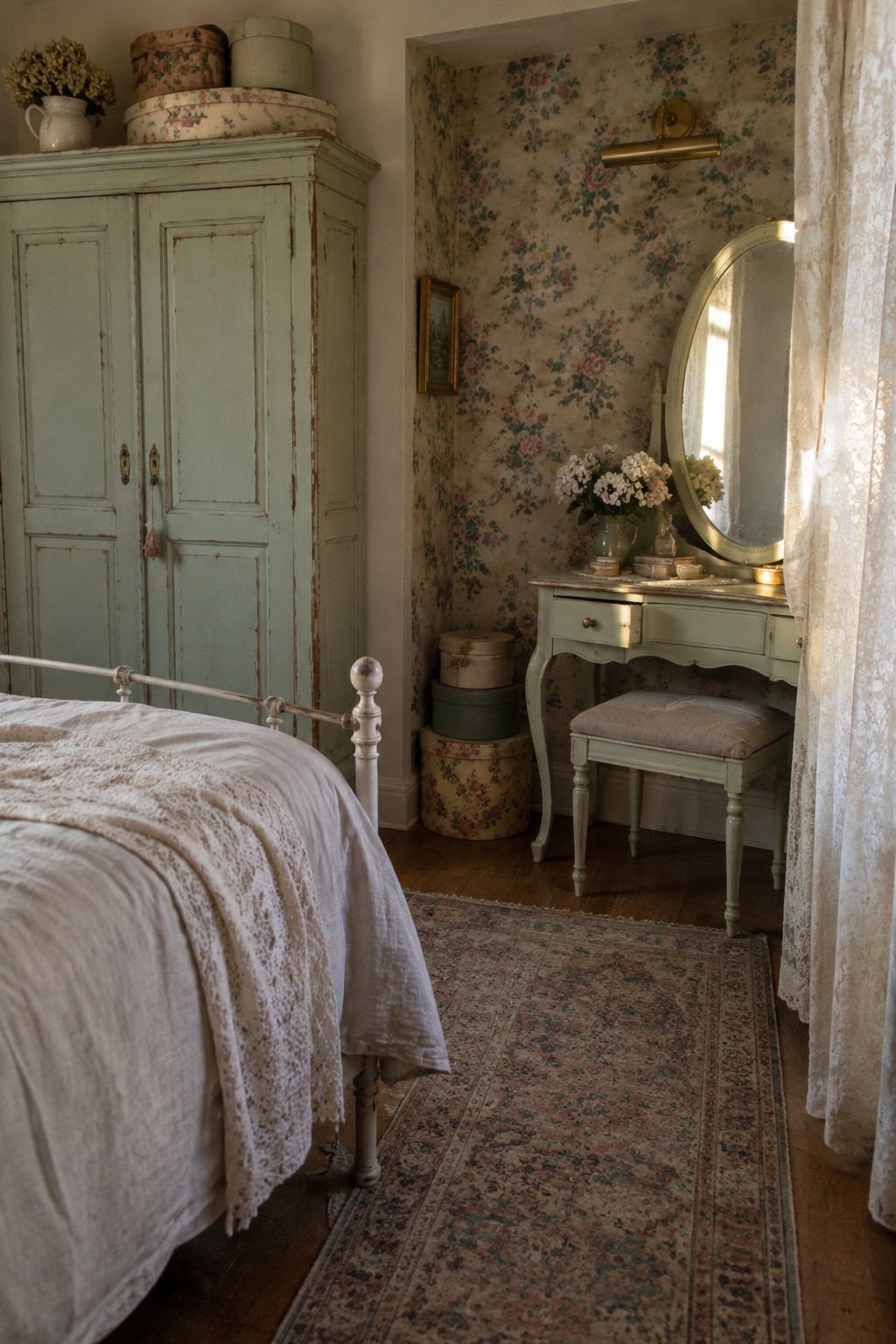 A bedroom interior showing a tall light green painted armoire on the left and a matching green vanity table with oval mirror and upholstered stool on the right, set against floral wallpaper with a bed covered in white linens in the foreground.