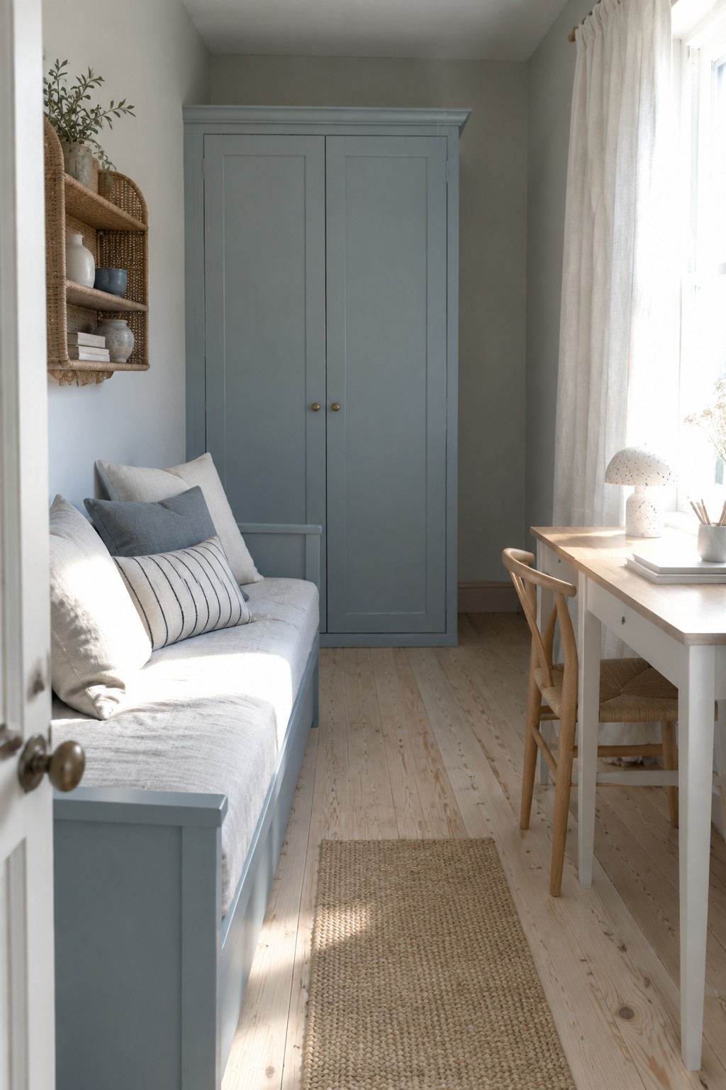 A bedroom interior showing light blue painted bed frame and wardrobe, a wooden desk with chair, woven wall shelves, and a jute rug on light wood flooring.