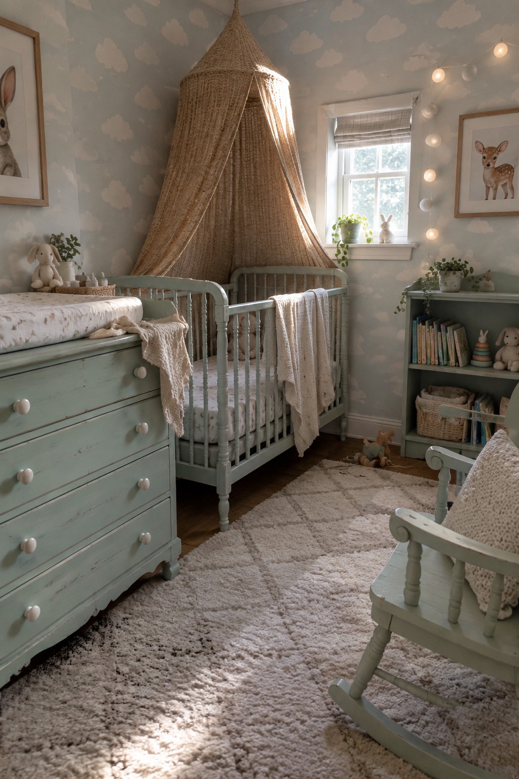 A nursery room with light green painted crib, matching dresser, and rocking chair on a white rug, cloud wallpaper on the walls, and a woven canopy above the crib.