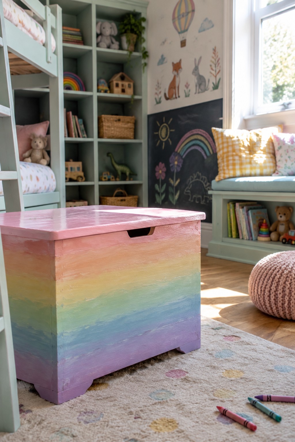 A wooden toy chest painted with horizontal rainbow gradient colors rests on a polka dot rug in a child's bedroom with bunk beds and open shelving.