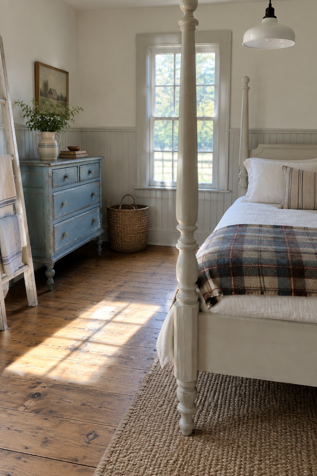 A bedroom with a white four-poster bed on a jute rug, a distressed blue painted dresser under a window, and sunlight across the wooden floor.