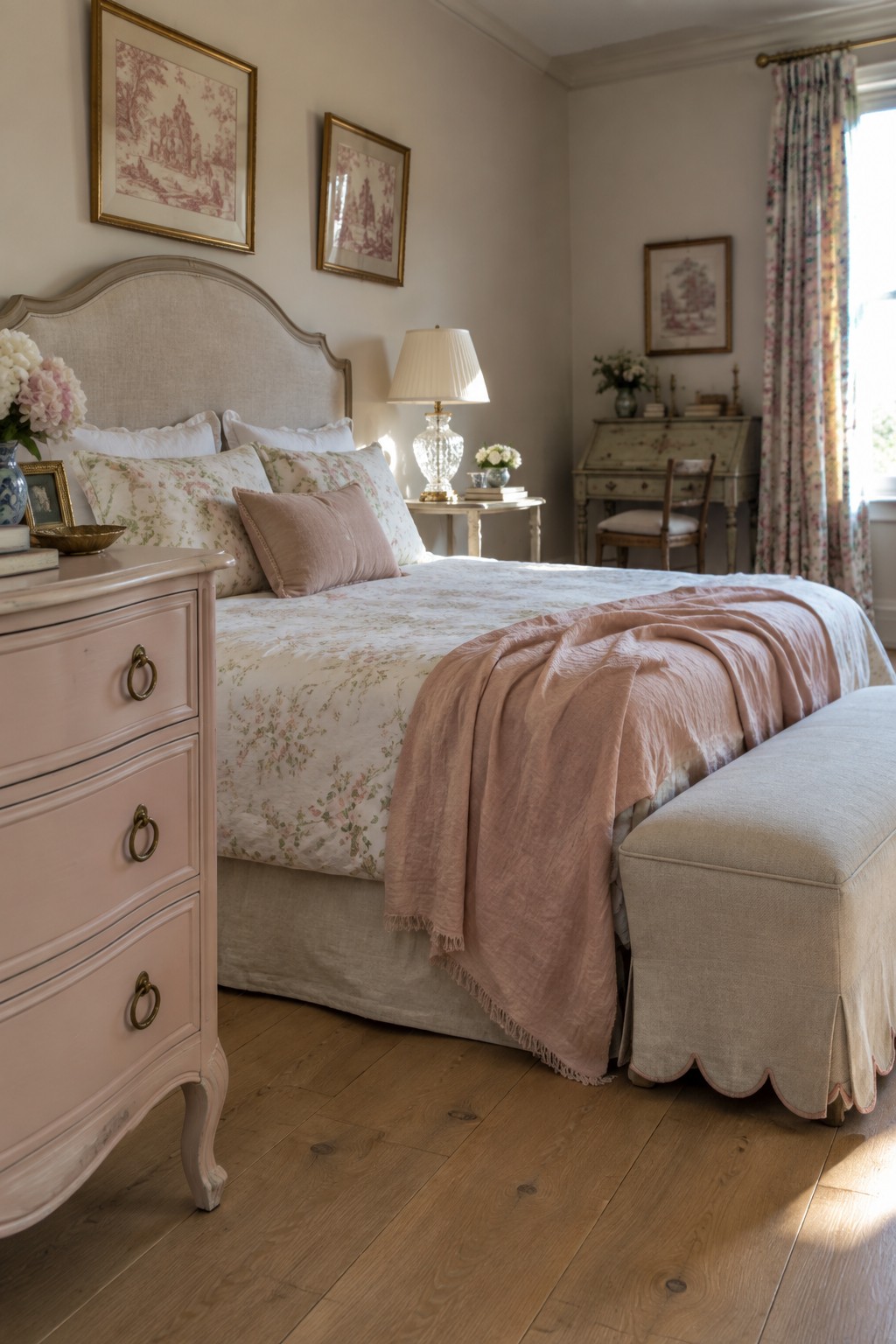 A bedroom featuring a pink painted chest of drawers in the foreground, a bed with floral linens and a pink throw, and a green painted writing desk in the background.