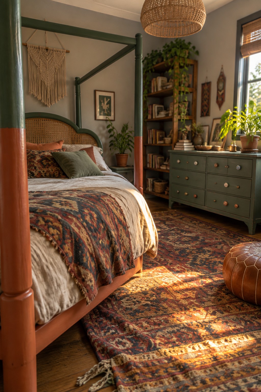 A bedroom with a wooden canopy bed frame painted green on the upper posts and terracotta on the lower sections, a woven headboard, patterned bedding, a green dresser, and a large patterned rug on the floor.