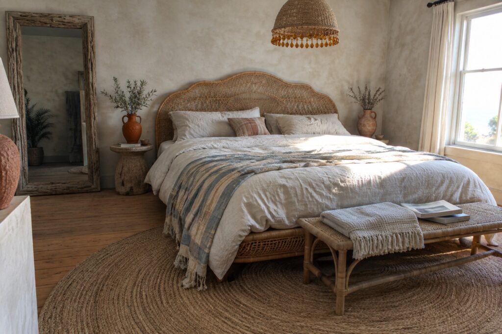 18 Rattan Bedroom Furniture Ideas for Relaxed Boho Rooms A bedroom with a large arched rattan headboard bed dressed in white and striped linens, a rattan bench at the foot, woven pendant light, and round jute rug on wood flooring.