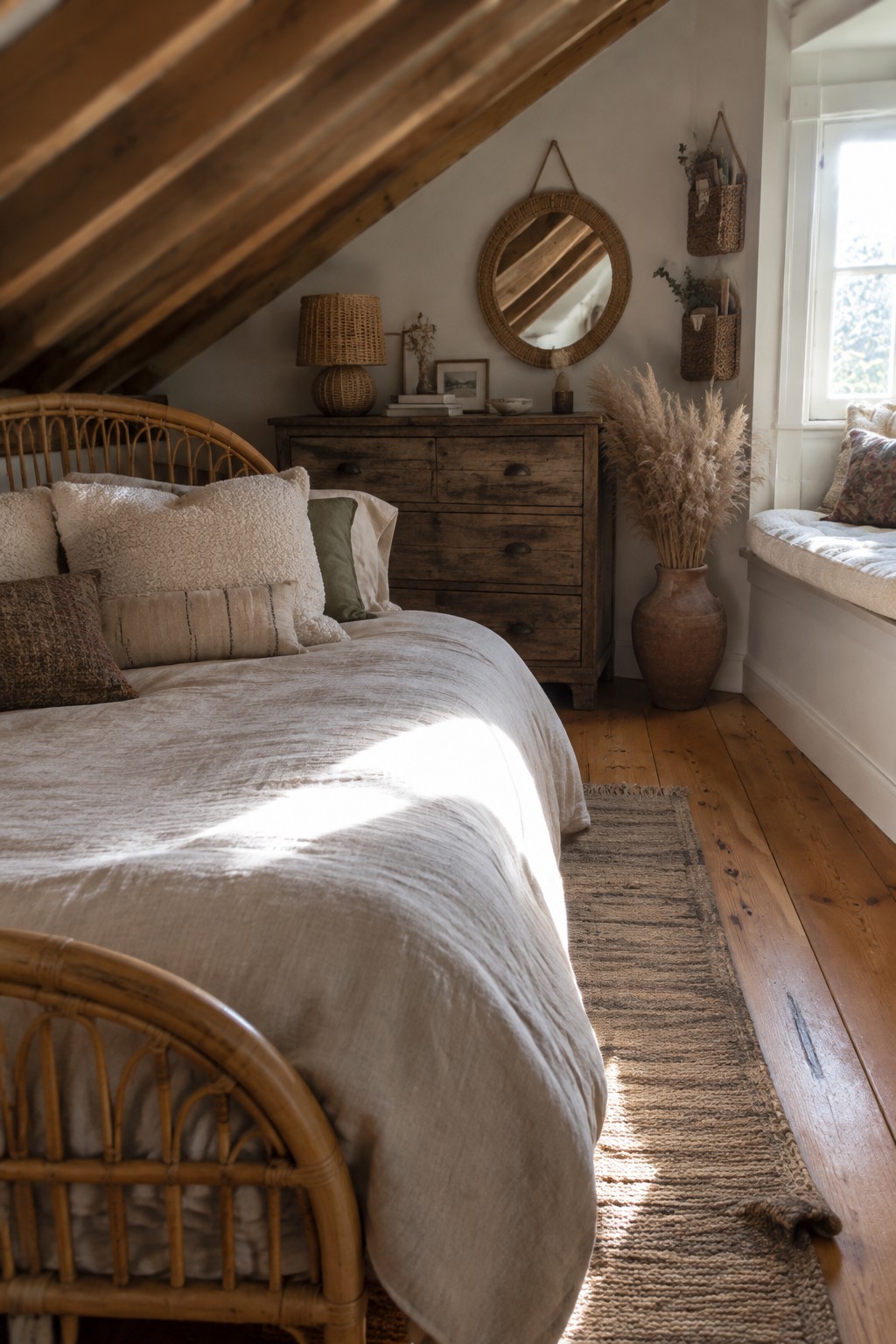 A bedroom with a rattan bed frame dressed in light linens, a wooden dresser, a round mirror on the wall, and woven wall baskets near a window seat.