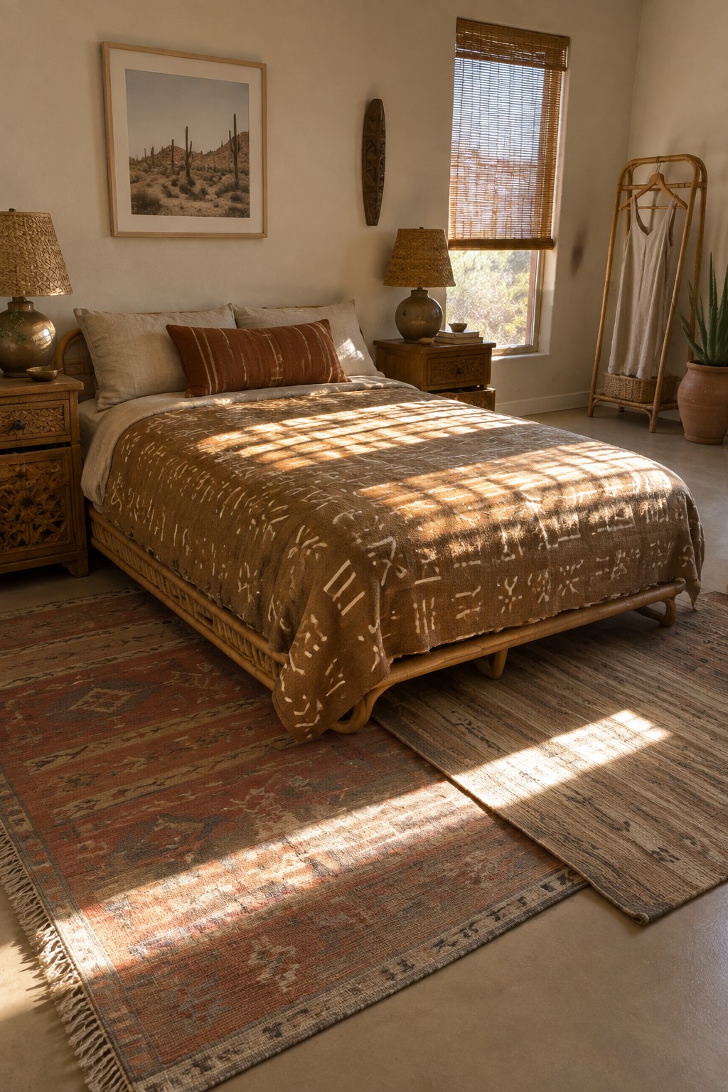 A bedroom with a rattan bed frame, brown patterned blanket, two nightstands with lamps, a window with bamboo blinds, and layered rugs on the floor.