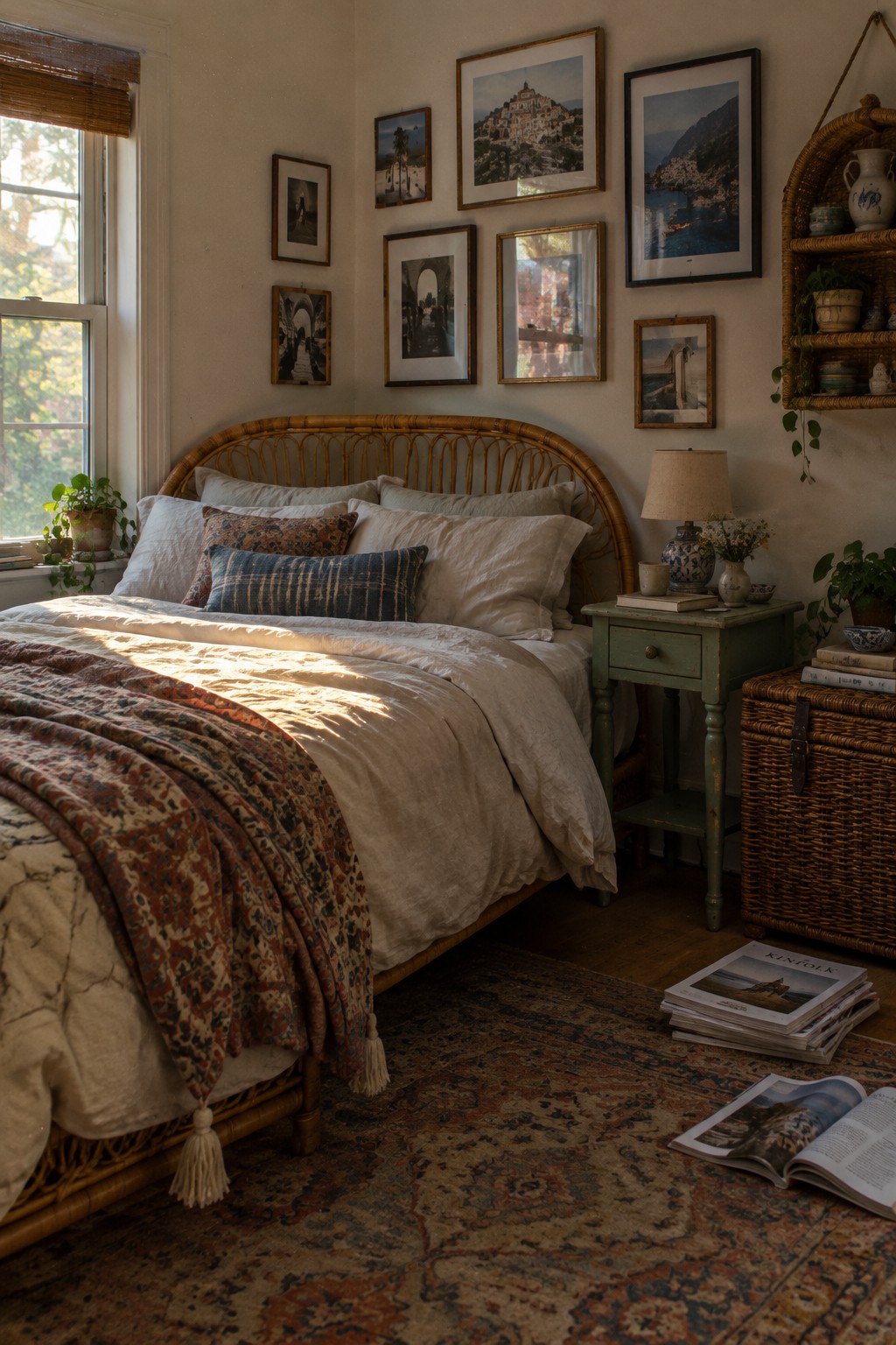 A bedroom featuring a rattan bed with white and patterned linens, a green side table, gallery wall art, and a patterned rug on the floor.