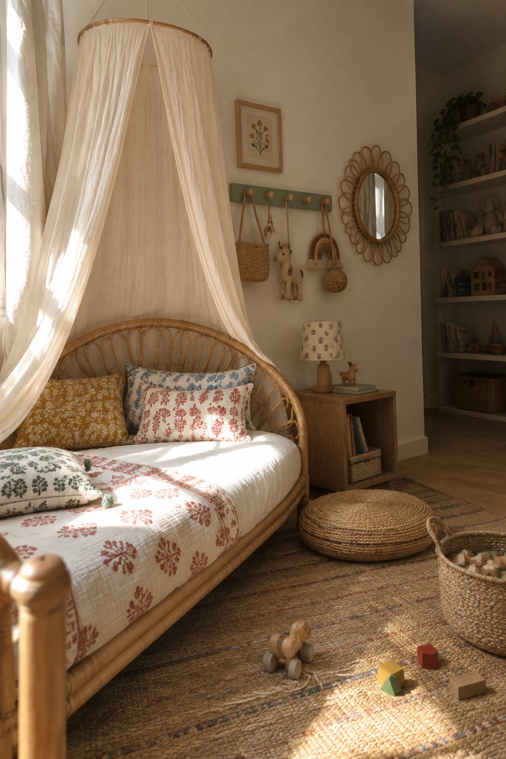 A rattan bed with a canopy sits in a sunlit bedroom with patterned bedding, a wooden nightstand, woven pouf, and toys on a jute rug.