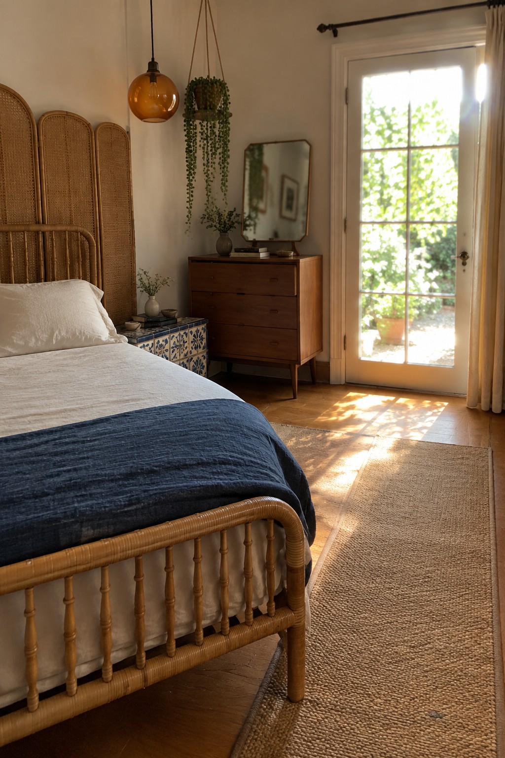 A rattan bed frame with white and blue bedding sits in a sunlit bedroom beside a wooden dresser and a hanging plant.