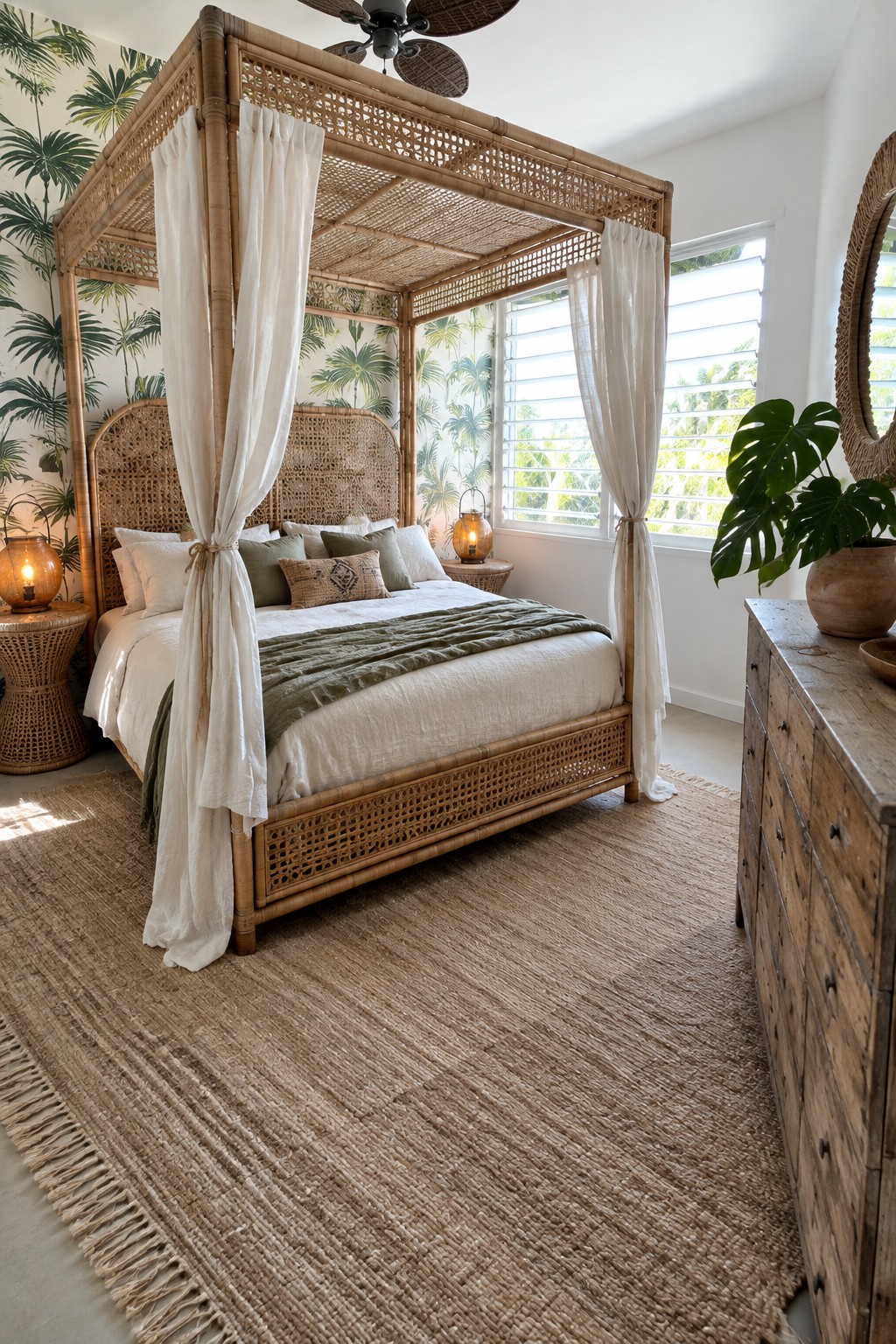 A rattan canopy bed with white curtains and green bedding sits on a woven rug in a bedroom with palm leaf wallpaper.
