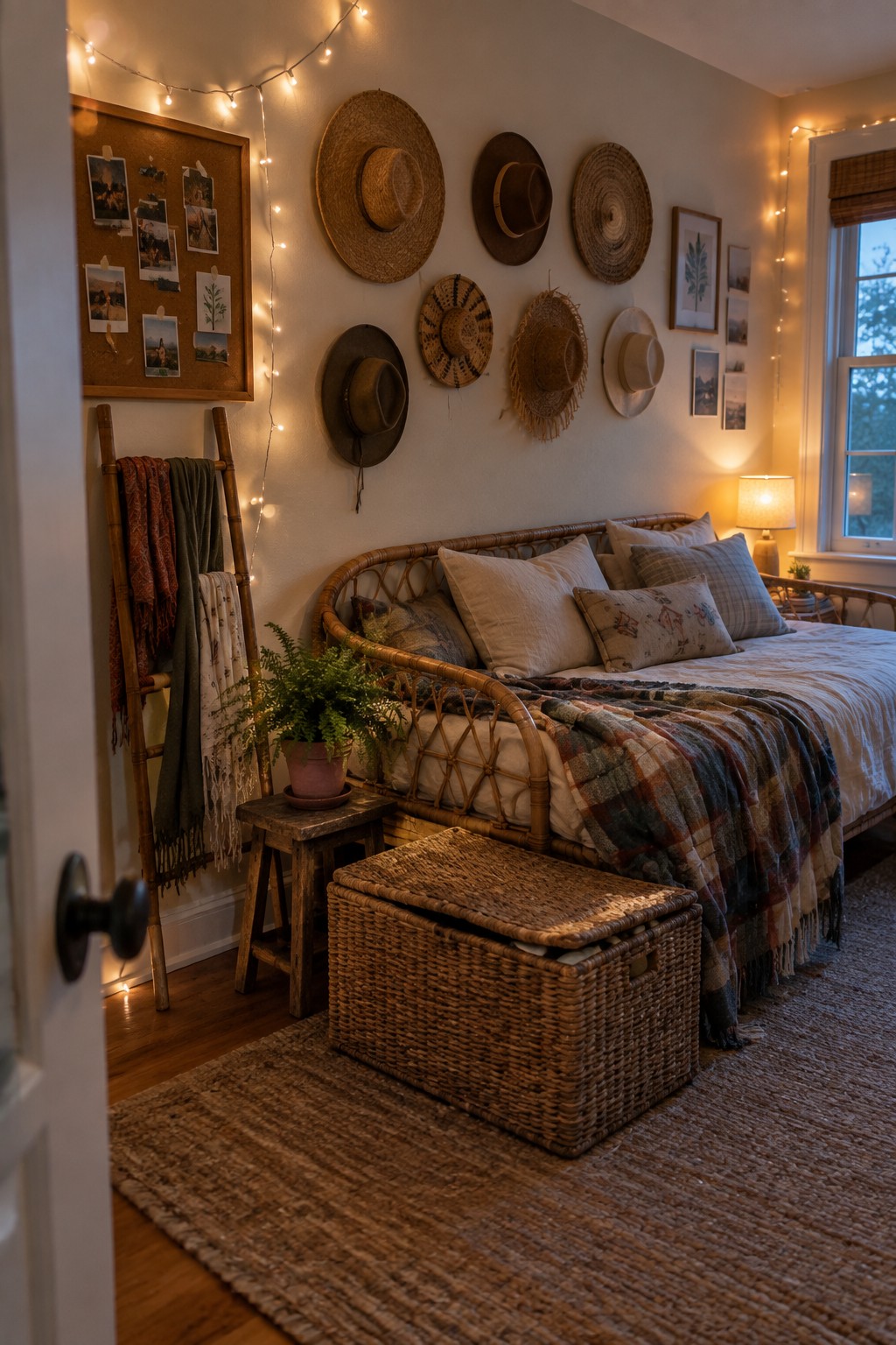 A bedroom with a rattan daybed, pillows, a plaid blanket, a woven trunk at the foot, hats on the wall, and string lights.