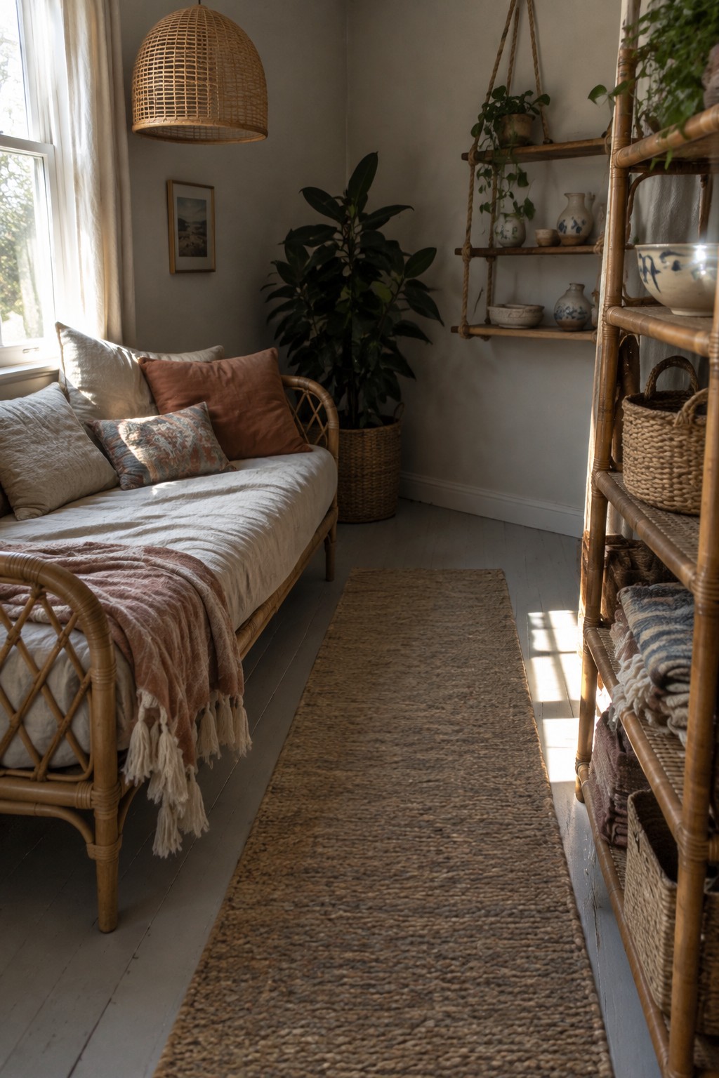 A bedroom with a rattan daybed on the left, a woven pendant light above it, a tall bamboo shelving unit on the right, and a long woven rug running down the center of the room.