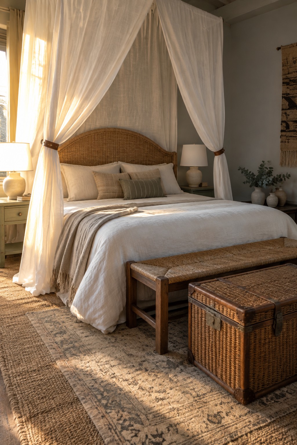 A bedroom featuring a rattan canopy bed with white bedding, a woven bench, and a trunk at the foot of the bed on layered rugs.