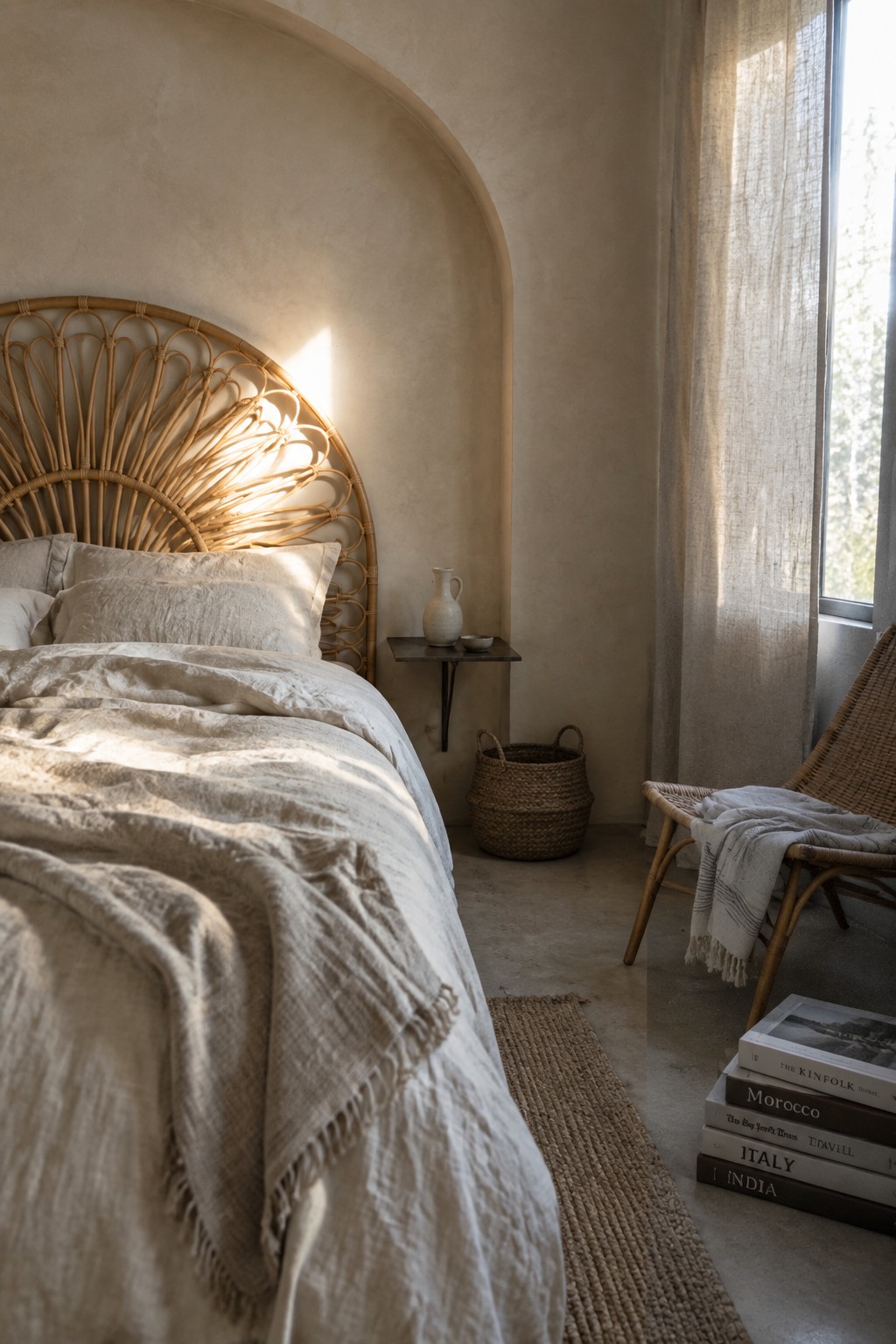 A bedroom featuring a large woven rattan headboard on a bed with rumpled white linen bedding, a small wall-mounted shelf, a woven basket on the floor, and a rattan chair near a window with sheer curtains.