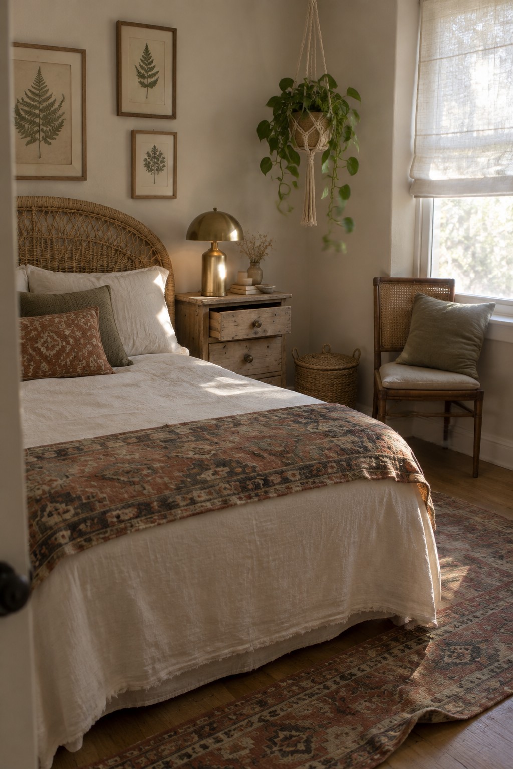 A bedroom featuring a bed with a large rattan headboard, white linens, a wooden nightstand with brass lamp, a hanging plant, and a rattan chair by the window.