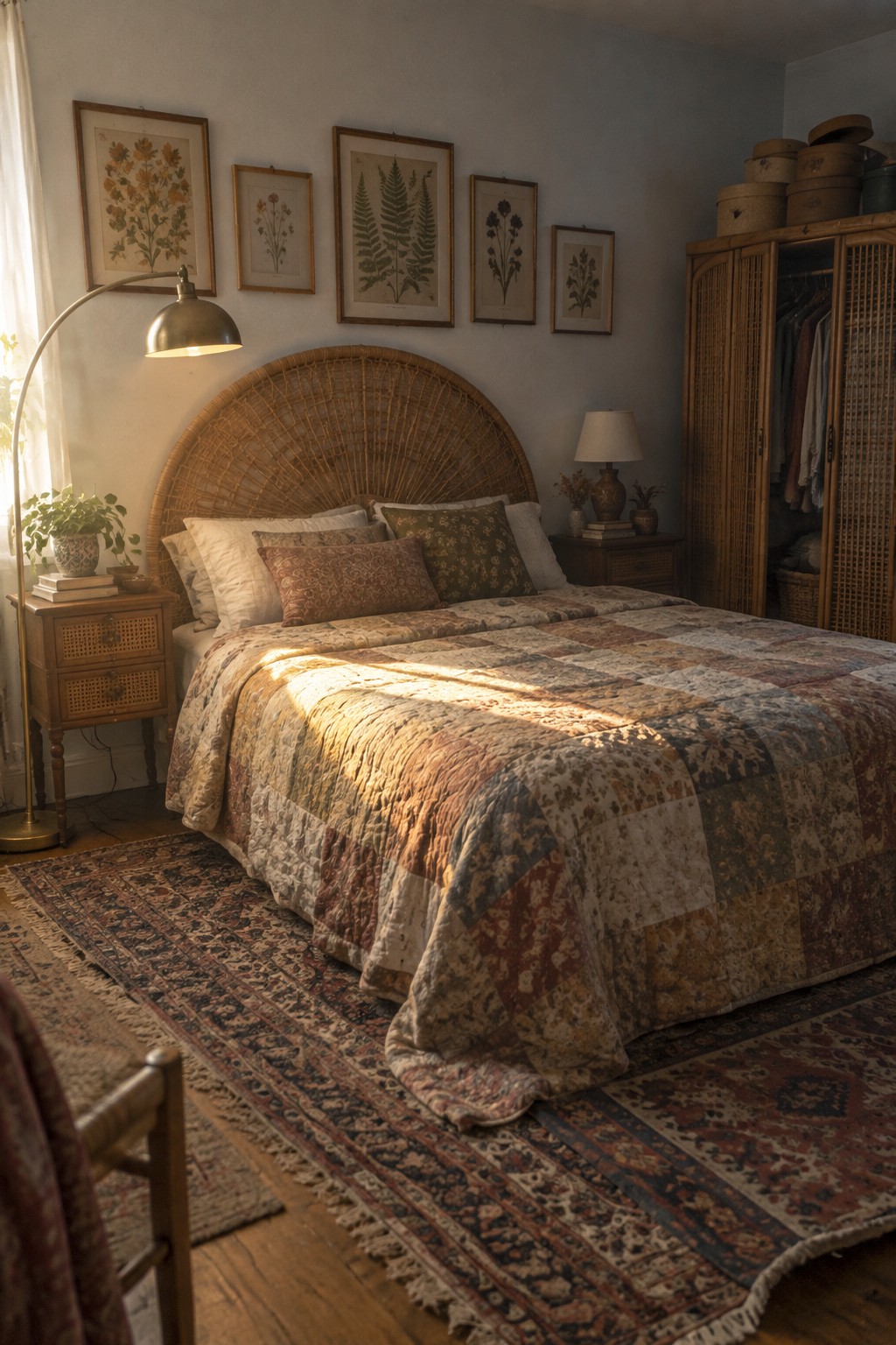 A bedroom featuring a large round rattan headboard on a bed with a patchwork quilt, flanked by wooden nightstands and a tall rattan wardrobe.