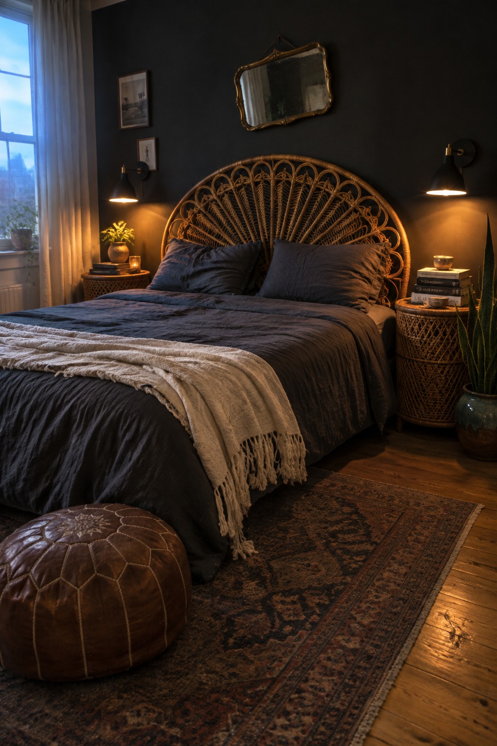 A bedroom with a large woven rattan headboard, dark bedding, two rattan nightstands, and a brown leather pouf on a patterned rug.
