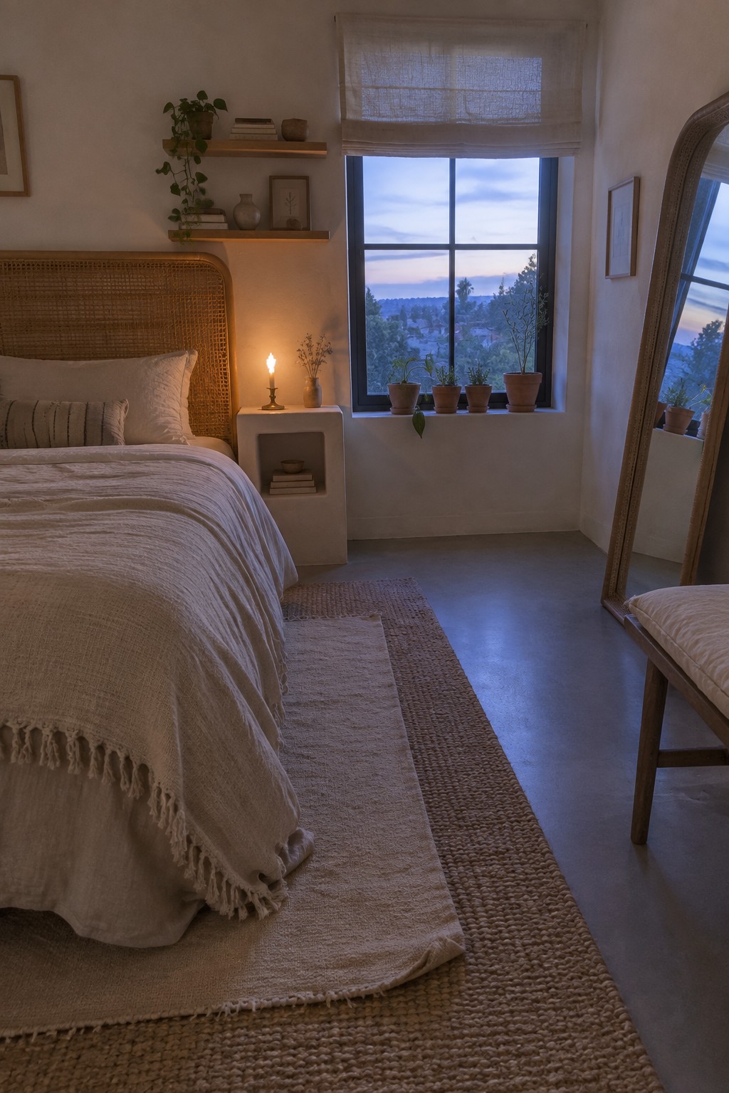 A bedroom with a large rattan headboard on a bed dressed in white linens, a lit candle on a white nightstand, and a window with potted plants at dusk.