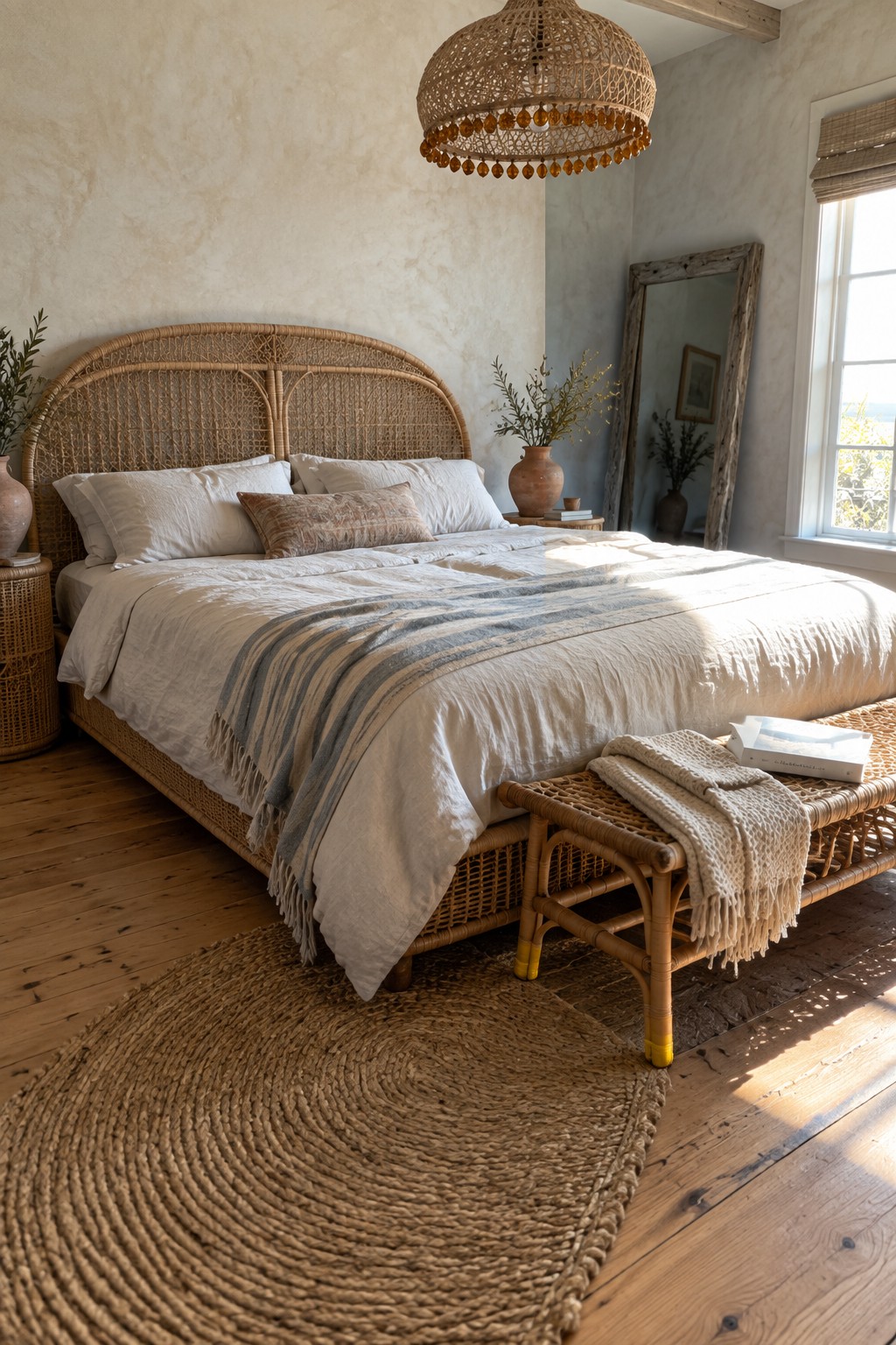 A bedroom with a large arched rattan headboard bed dressed in white and striped linens, a rattan bench at the foot, woven pendant light, and round jute rug on wood flooring.