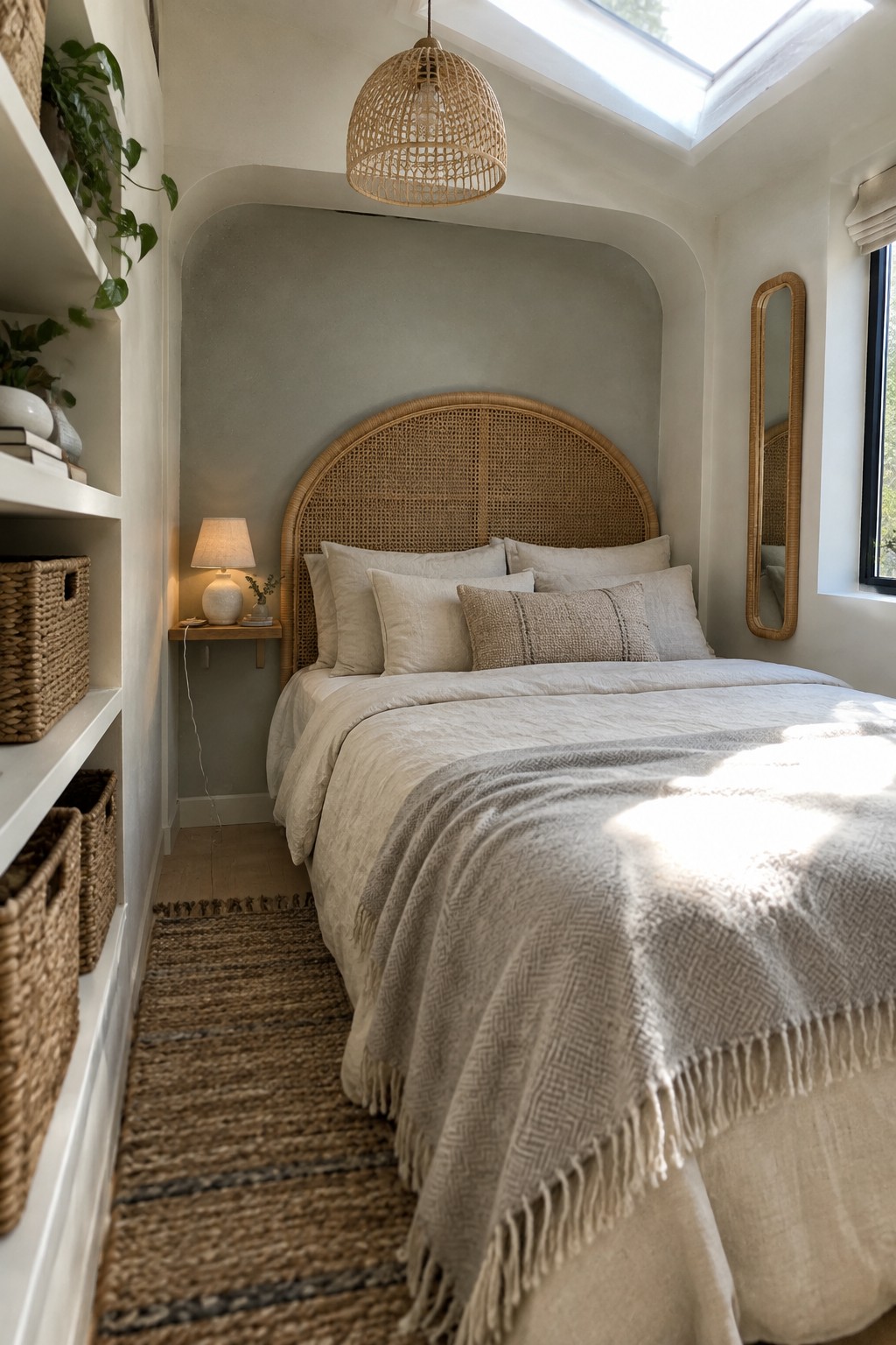 A bedroom with an arched rattan headboard, neutral bedding, a woven pendant light, built-in white shelves with baskets, and a tall mirror on the right wall.