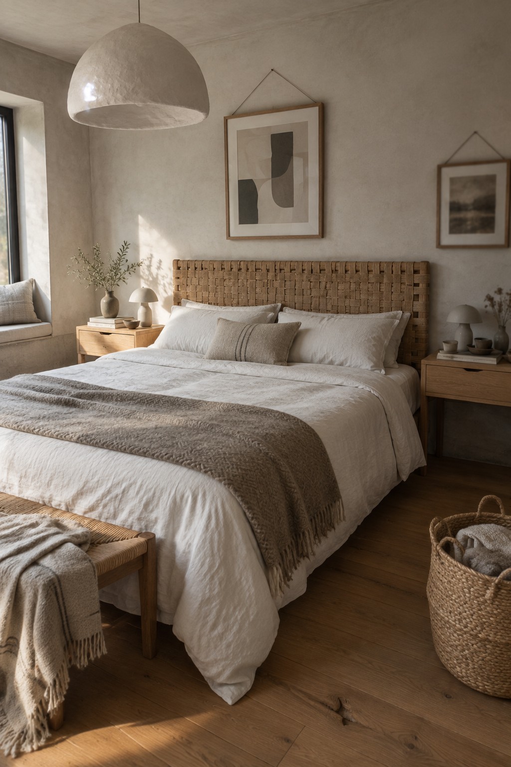 A bedroom with a large bed, woven rattan headboard, white linens, wooden nightstands, and a large dome pendant light overhead.