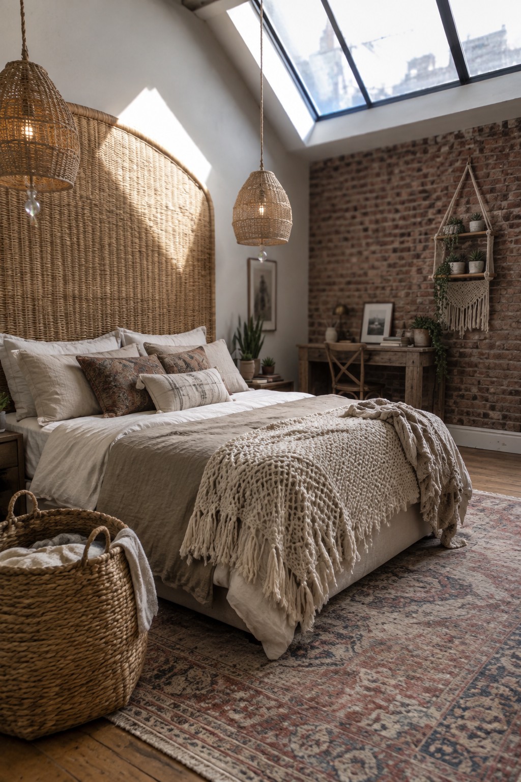 A bedroom with a large curved woven rattan headboard, two hanging rattan pendant lights, neutral bedding, and an exposed brick wall.