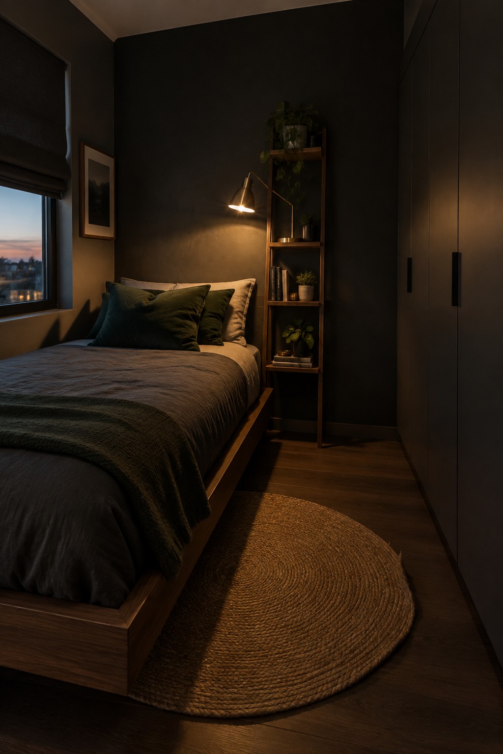A small bedroom with a low wooden platform bed against a dark wall, white and dark green bedding, a tall narrow wooden shelving unit holding books and plants positioned beside the bed, and a round woven rug on the floor.