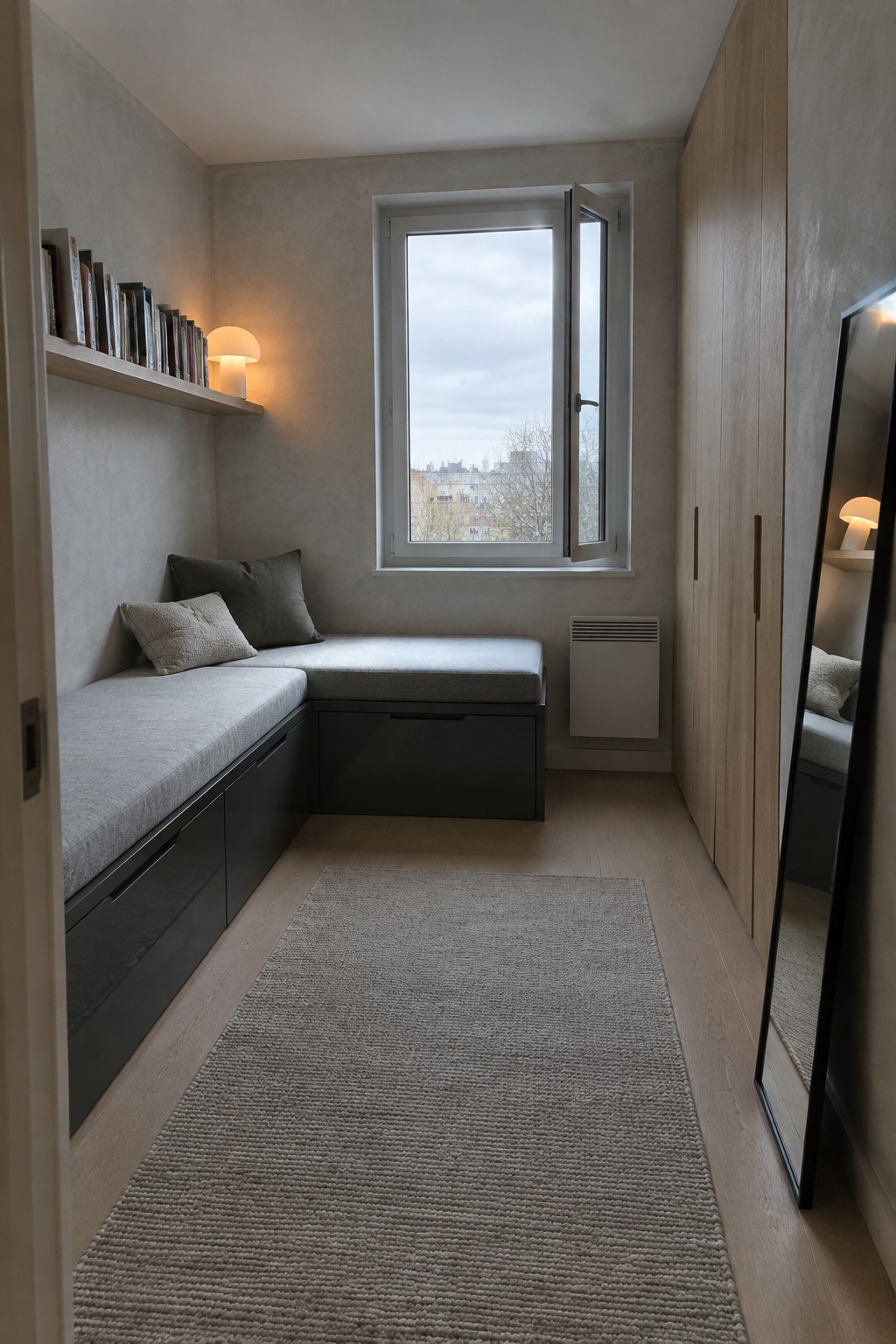A narrow bedroom interior with a built-in gray upholstered bench along the left wall, storage drawers underneath, a window above the bench, light wood flooring, and a tall mirror leaning on the right wall.