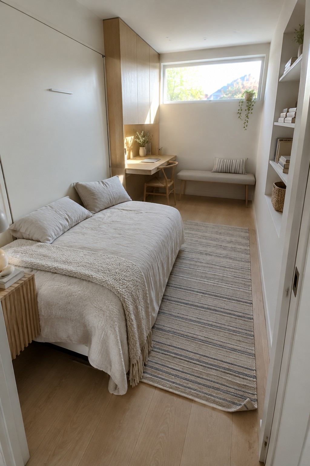 Minimalist bedroom with white bed, wooden desk, striped rug, and built-in shelves