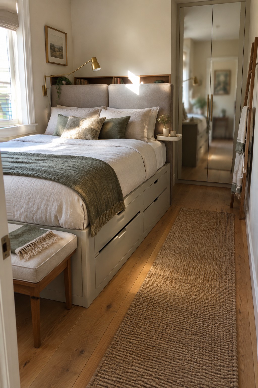 A small bedroom with a bed that has built-in drawers underneath, an upholstered headboard with open shelves, and a narrow woven rug on wood flooring.