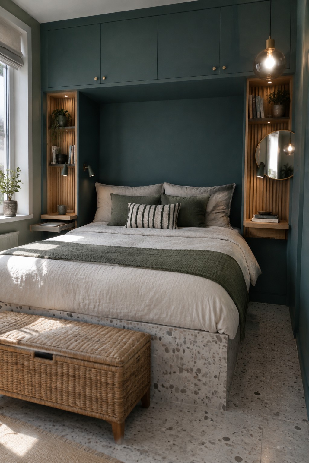 A bedroom with a bed set into a dark teal built-in alcove, flanked by light wood shelving units and topped with matching overhead cabinets.