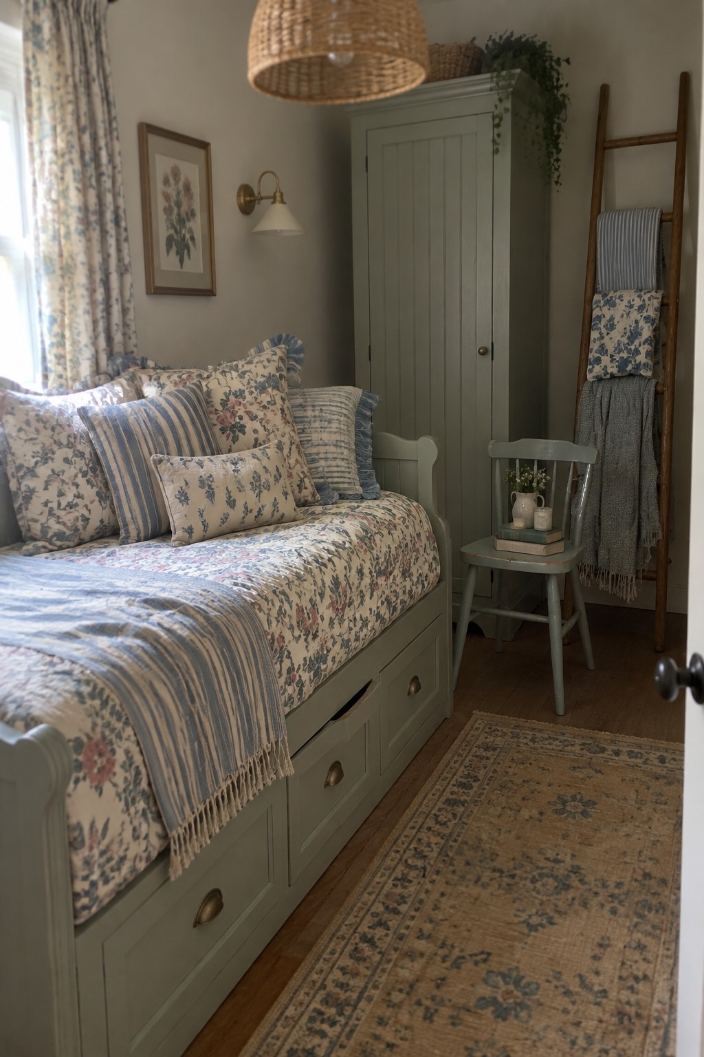 A narrow bedroom with a sage green daybed featuring floral bedding, blue striped accents, and multiple storage drawers underneath, next to a tall cabinet and wooden ladder.