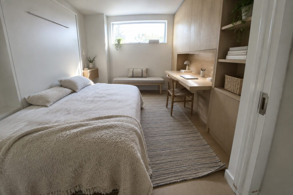 19 Bedroom Furniture Layout Ideas for Small Rooms Minimalist bedroom with white bed, wooden desk, striped rug, and built-in shelves