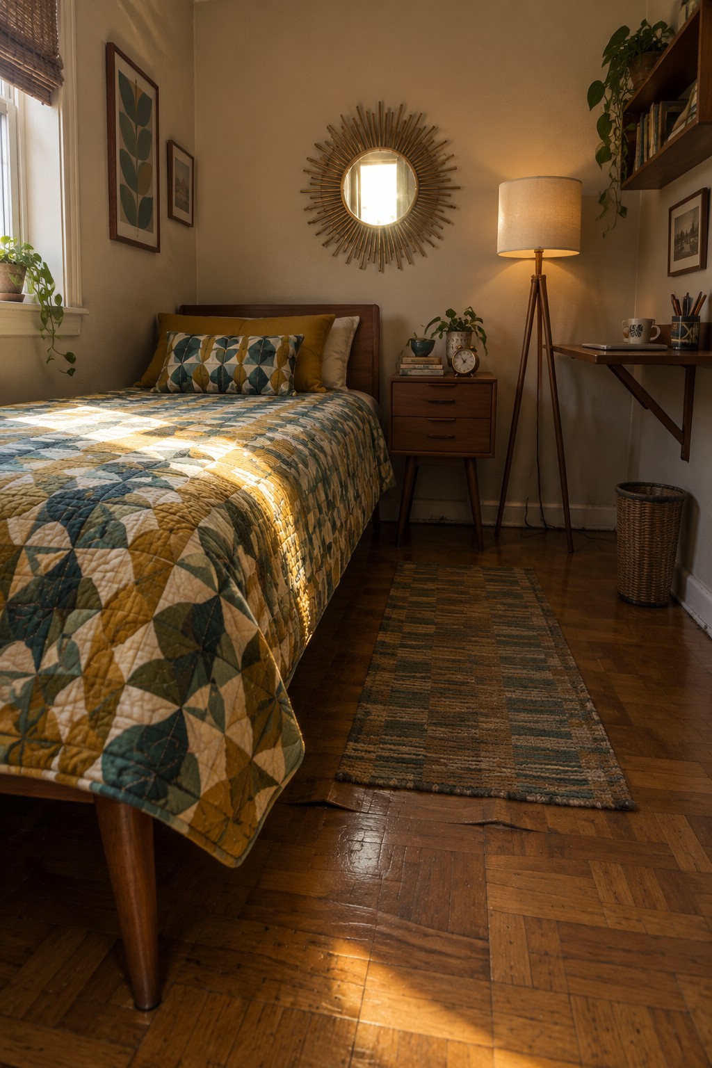 Sunlit bedroom with geometric quilt on wooden bed, sunburst mirror, and tripod lamp.
