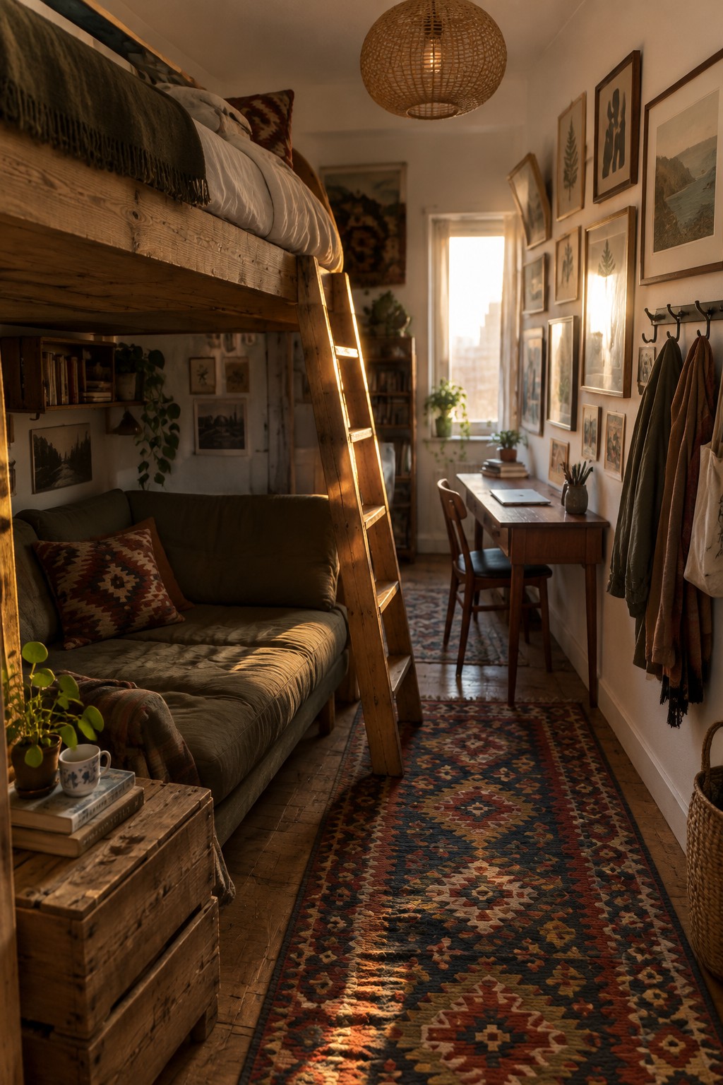 Cozy rustic room with loft bed, wooden ladder, green sofa, desk, and colorful patterned rug.