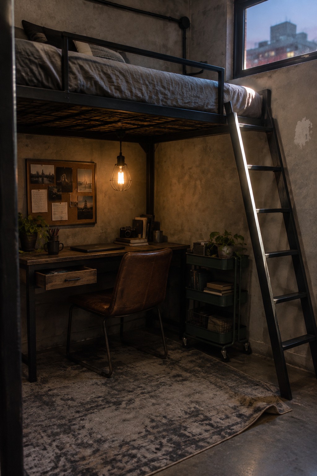 A compact bedroom featuring a black metal loft bed positioned above a wooden desk with a brown leather chair, a rolling storage cart, and a ladder leaning against the bed frame.